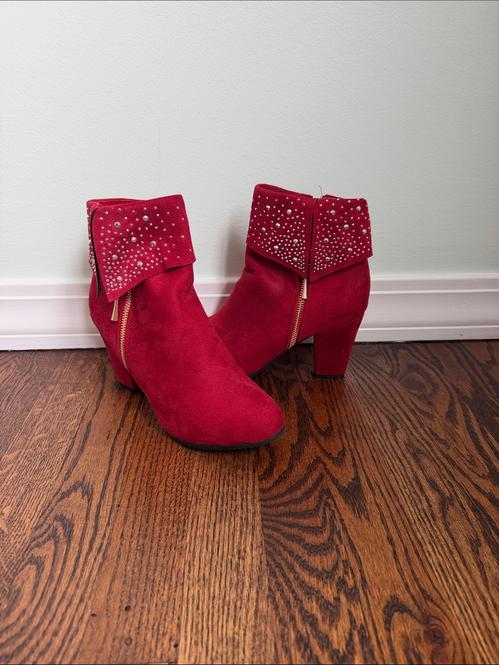 BRAND NEW WITHOUT TAGS! Red Fold-Over Studded Ankle Booties with Block Heel